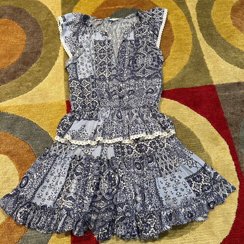Blue White Paisley Floral Print Preppy Style Tiered Ruffle Mini Dress Medium